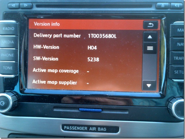 RNS 510 Version Information Screen Showing Firmware 5238