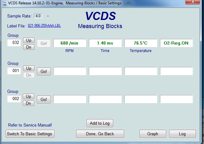 VCDS Interface Showing O2 Sensor Readings