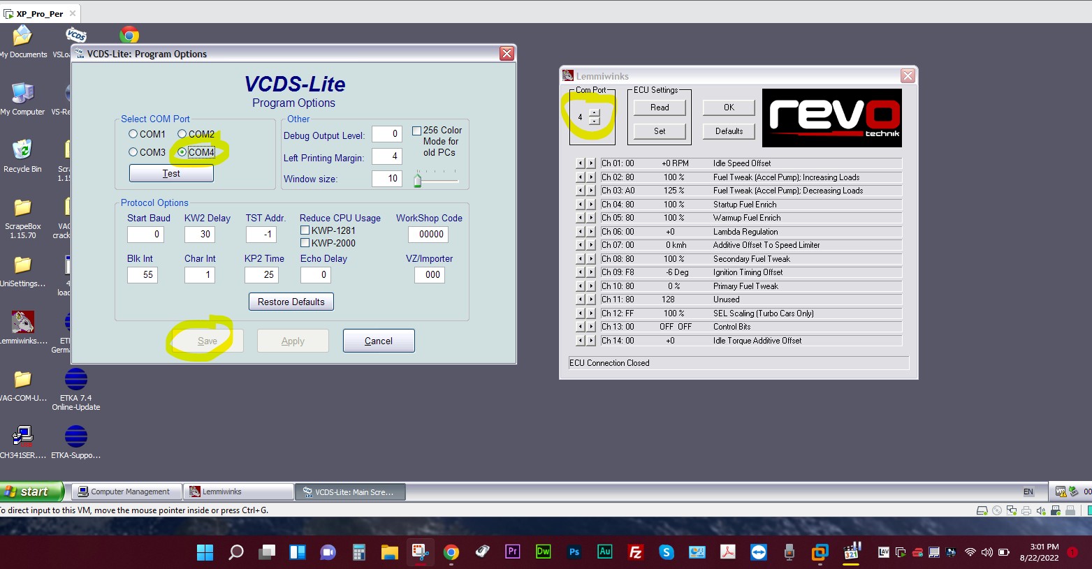 Interface of VCDS software displaying real-time engine data and diagnostic information