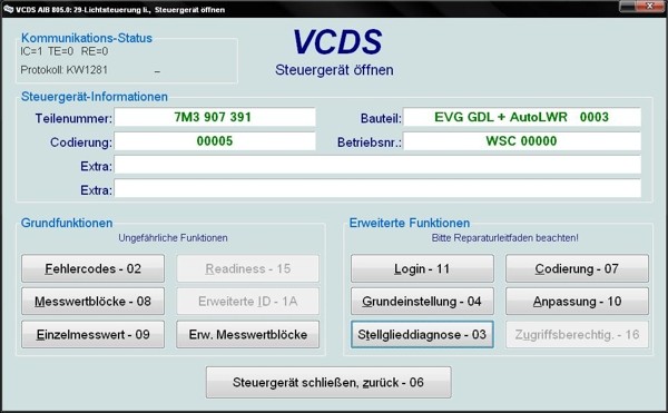 VCDS Interface for Headlight Adjustment