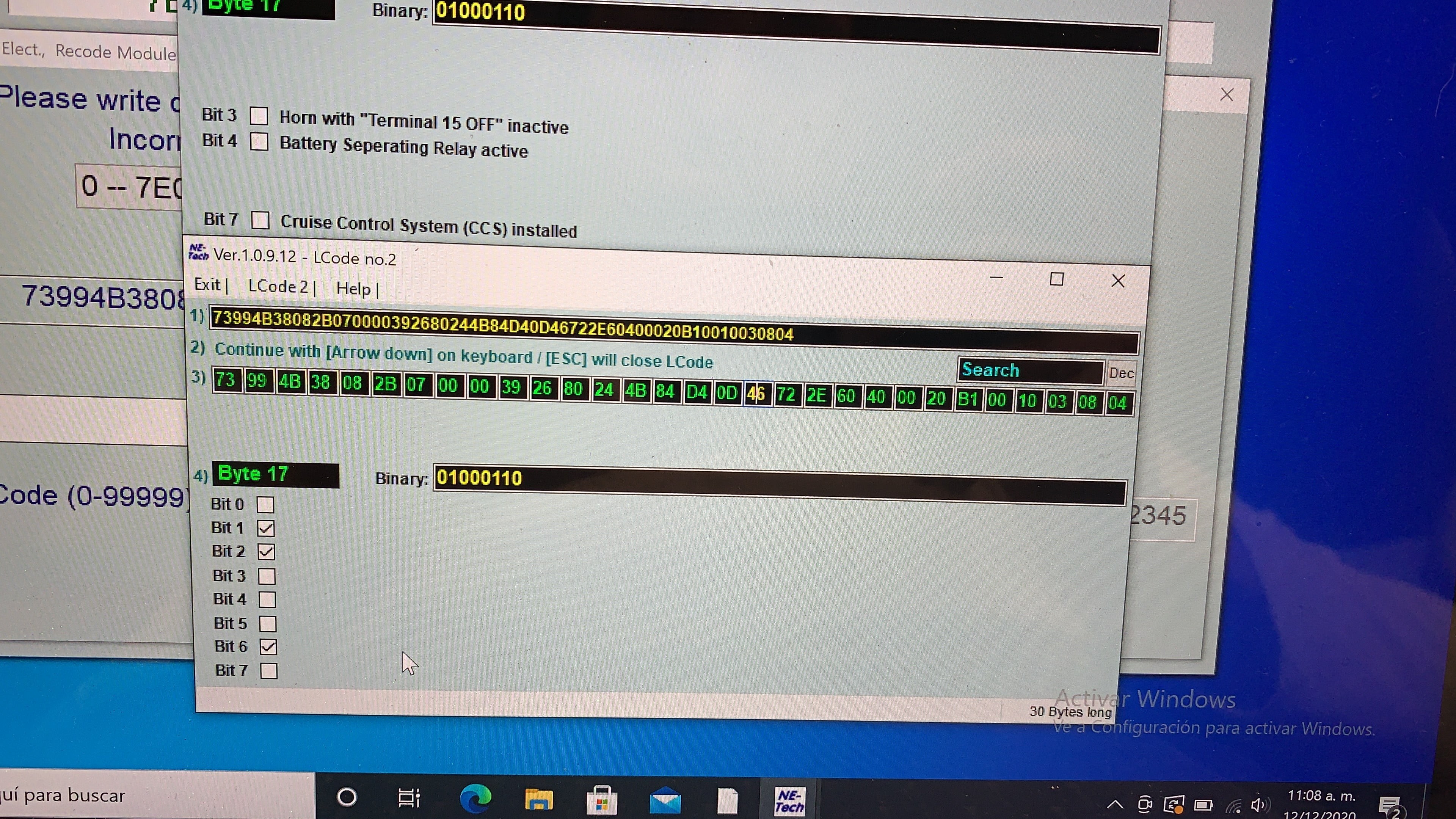 VCDS Coding Interface Showing Module Selection and Byte Coding Options