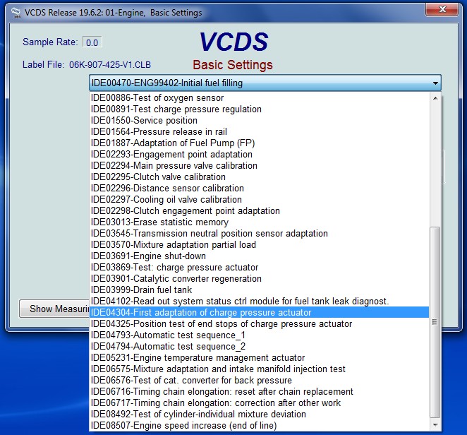 VCDS Basic Settings Pulldown Menu Options
