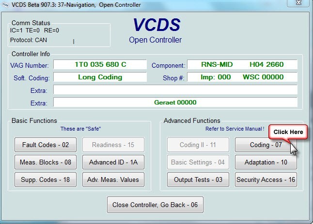 Accessing Coding Function in VCDS
