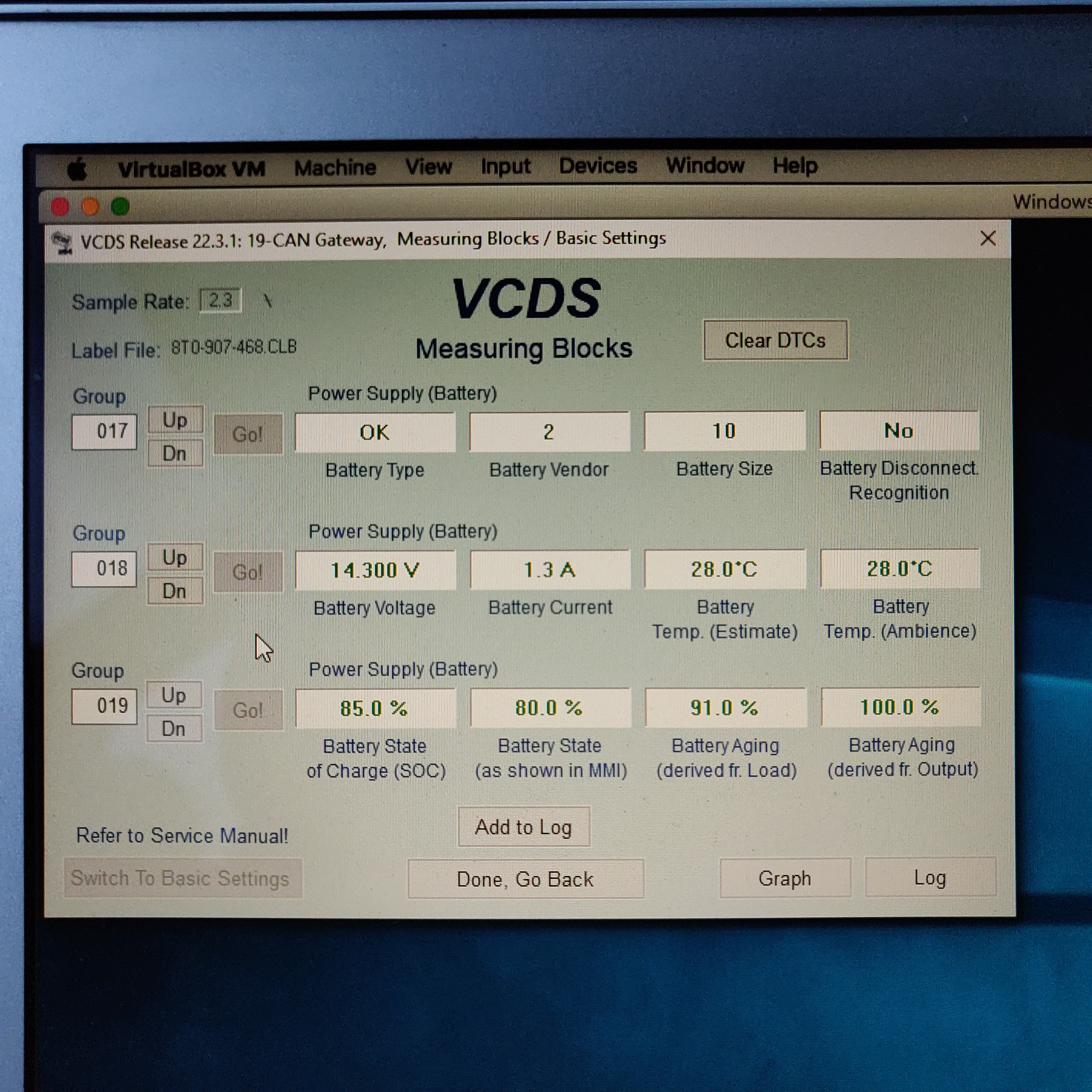 Audi VCDS battery coding interface showing battery parameters