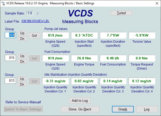 Initial VCDS reading of torsion value, indicating a retarded camshaft position