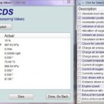 VCDS logging fields showing various parameters like accelerator position, charge air pressure, and engine speed