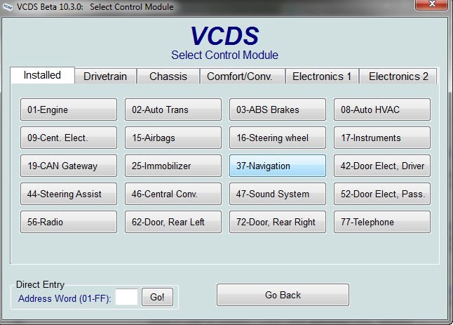 Selecting Navigation Controller with VCDS
